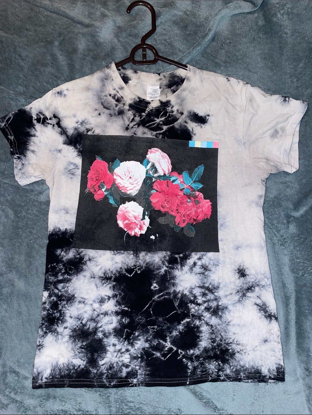 Rue21 Black & White Tie-Dye Tee with Pink Floral Graphic